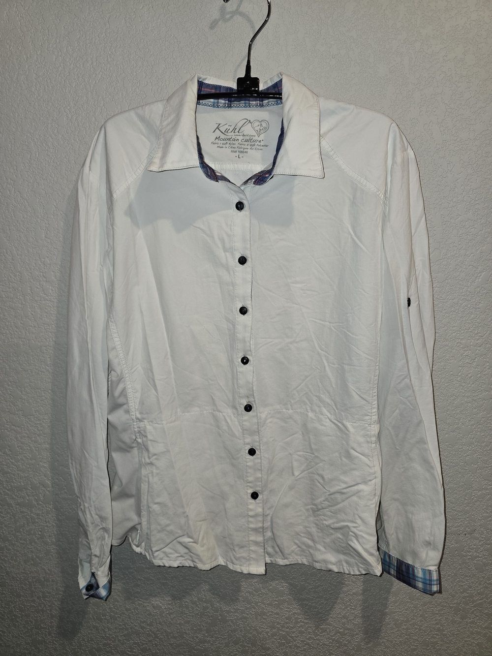 KÜHL Women's Size Large White Plaid Trim Roll-Tab Long Sleeve Hiking Shirt
